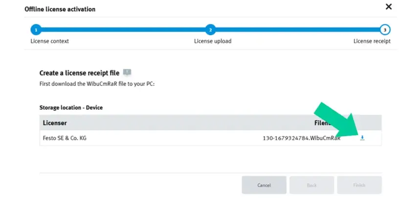 WBM 'License receipt' screen highlighting the download button