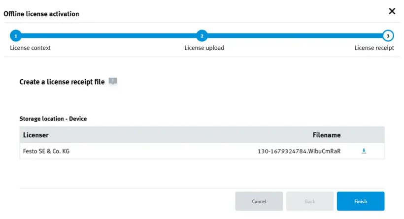 WBM ‘License receipt’ screen with the ‘Finish’ button available