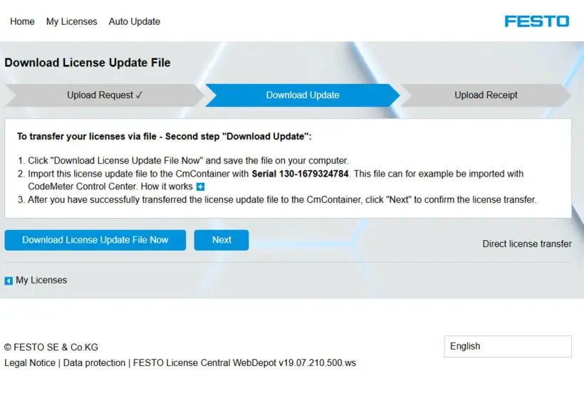 Festo WebDepot ‘Download update’ tab screen with the ‘Next’ button