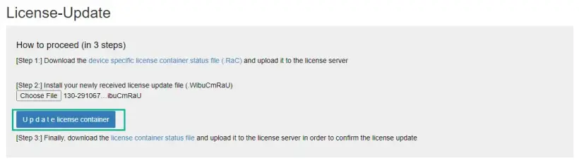 PLC web interface screen highlighting the ‘Update license container’ button