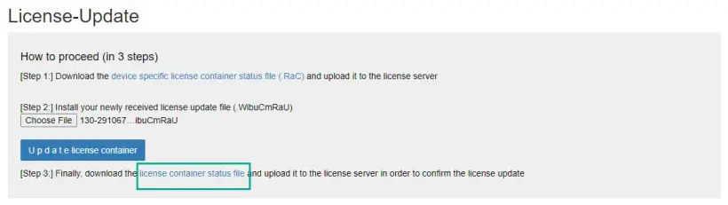 PLC web interface screen highlighting the ‘license container status file’ link to download the file