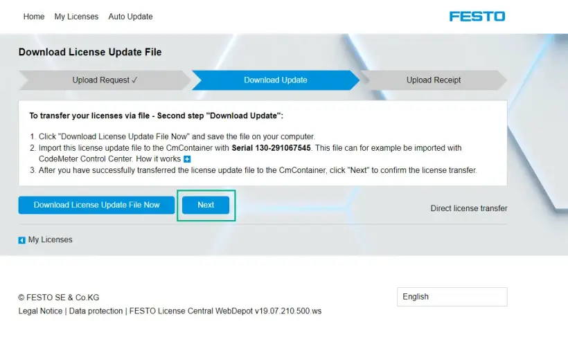 Festo WebDepot ‘Download update’ tab screen showing the recommended ‘Next’ button
