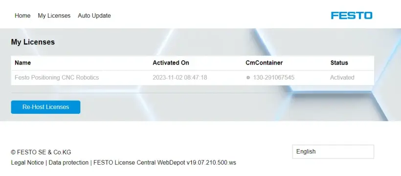 WebDepot screen displaying the license list