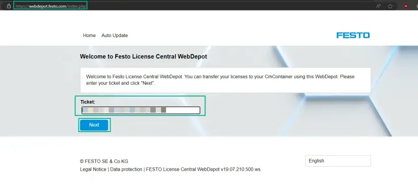 Festo WebDepot screen showing the ticket input field