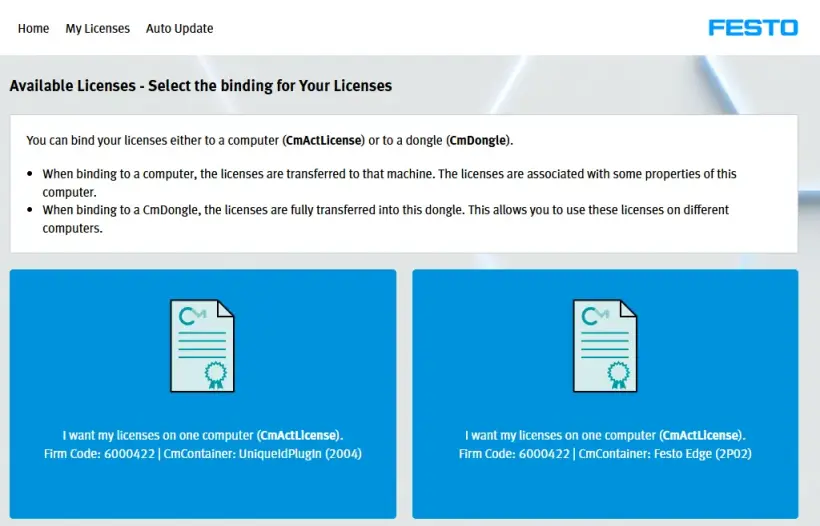 Festo WebDepot screen displaying two container types: Festo AG Embedded [ 2004 ] (e.g. CECC-X, CPX-E-CEC) and Festo Edge[ 2P02 ] (e.g.CEPE) based on PlcNext Plattform