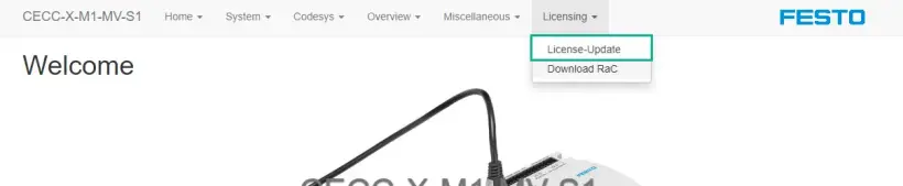 PLC web interface screen with the ‘Licensing’ tab selected, highlighting the ‘License update’ button