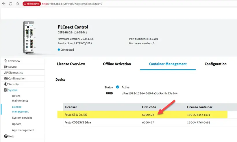 License container management screen highlighting the selected license