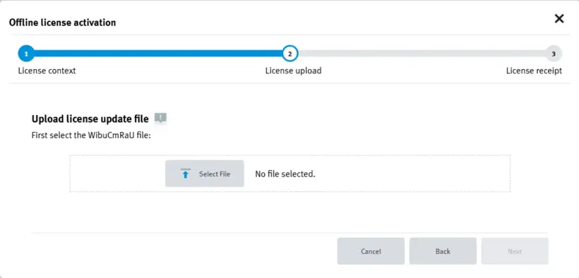 WBM 'License upload' screen displaying the 'Select file' button