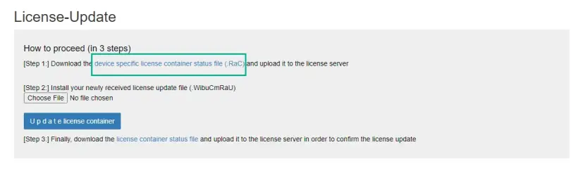 License update screen highlighting the ‘device specific license container status file (.RaC)’ link