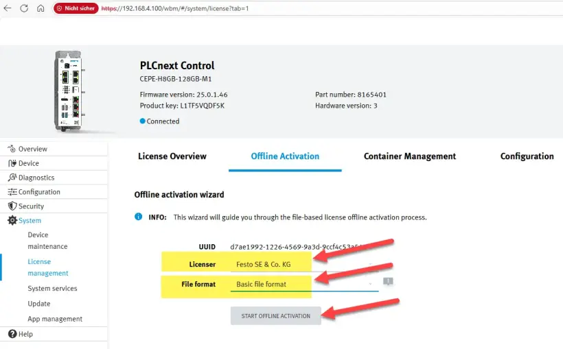 License management screen with the ‘Offline Activation’ tab selected, highlighting the ‘Licenser’ and ‘File format’ fields
