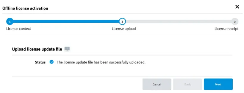 WBM 'License upload' screen displaying the 'Next' button
