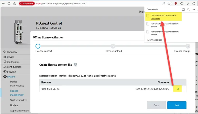Offline license activation screen highlighting the ‘Download’ button and showing the downloaded file